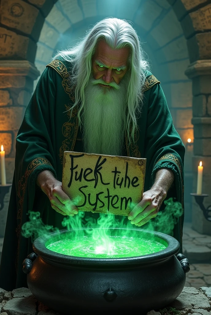 Old wizard with long hair, white, eyes glowing green, long hat, throwing a black toad into a big cauldron, from the cauldron place two black arms coming out holding a sign with the phrase fuck the system