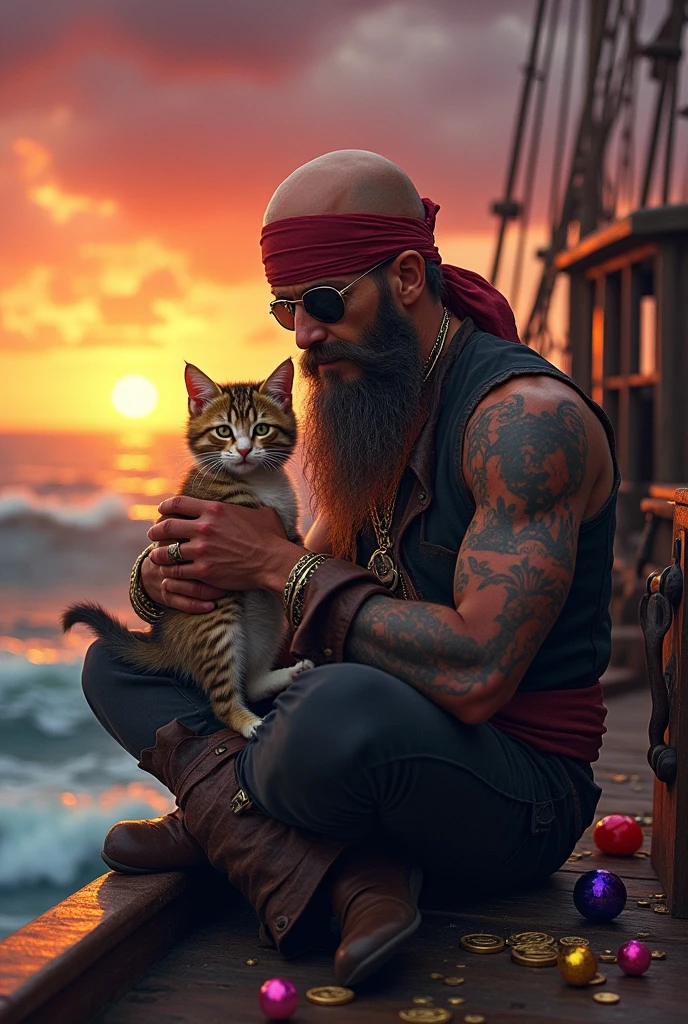 bald pirate with a cute kitten