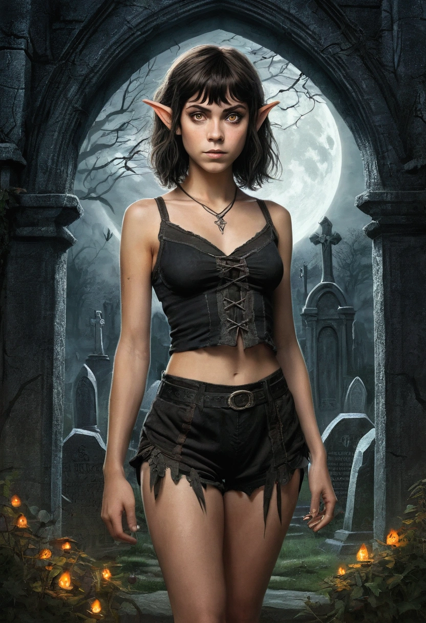 An illustrated movie poster, hand-drawn, full color, a teenage elven girl, wearing a black bralette and bloomer shorts, tall, toned, athletic hourglass figure, long pointy elf ears, amber eyes, dark hair, shaggy bob cut with thick bangs, deep sun-tanned skintone, freckles, standing in a spooky gothic cemetery, graphite shading, stencil marks, airbrushed acrylic paint, masterpiece, in the style of the Lord of the Rings