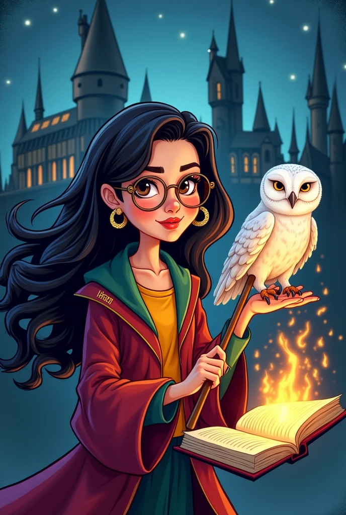 Cartoon of a woman with long wavy dark hair, dark brown eyes with black eyeliner, gold glasses, hoop earrings, grabbing a wooden wand and a flaming book with his pet, a white owl, dressed in a Hogwarts robe Harry Potter