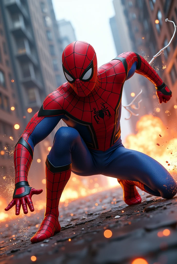 Spider-Man's stance is dynamic—one knee bent as he dodges an incoming attack, his other hand outstretched, ready to shoot another web. The background is chaotic, perhaps in a futuristic city or a tech-laden villain’s lair, with sparks, debris, and explosions highlighting the intensity of the fight. The lighting should emphasize the energy from the gun, casting a glow on Spider-Man's suit, and capturing the action-packed moment.
