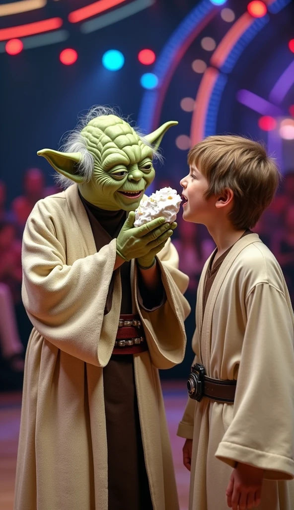 Old Yoda laughing and slapping young Luke Skywalker's face with a pie, pie with lots of meringue, perfect Yoda costume, perfect Luke Skywalker costume, action scene, photorealistic, comedy, on a TV game show, extremely vivid and detailed place, blurred background, perfect hands