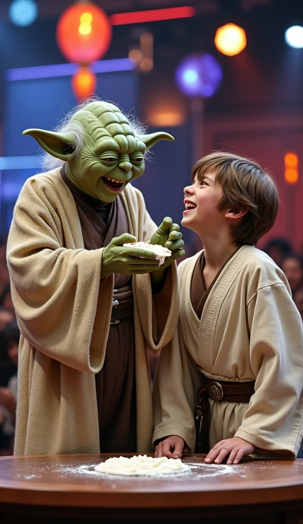 Old Yoda laughing and slapping young Luke Skywalker's face with a pie, pie with lots of meringue, perfect Yoda costume, perfect Luke Skywalker costume, action scene, photorealistic, comedy, on a TV game show, extremely vivid and detailed place, blurred background, perfect hands