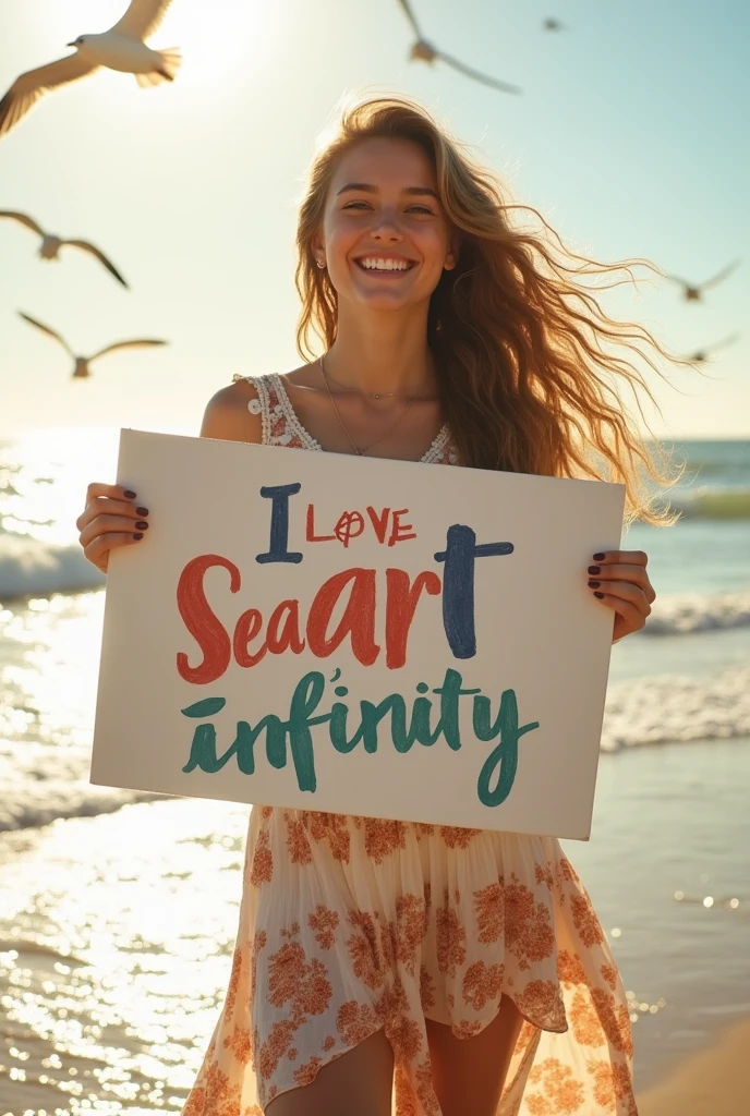 Beautiful girl with wavy long hair, bohemian dress, holding a white board with text "I Love Seaart Infinity" and showing it to the viewer