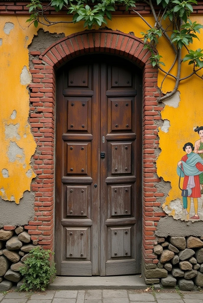 Create a detailed image of an old Vietnamese wall as a backdrop. The wall should appear weathered and aged, with peeling paint and exposed bricks. The texture should be rough and show signs of wear from time. Include traditional Vietnamese architectural elements like carved wooden doors, faded murals, and overgrown vines. The color palette should consist of earthy tones like faded yellow, muted red, and worn-out green. The setting should evoke a sense of nostalgia, capturing the essence of old streets in Vietnam