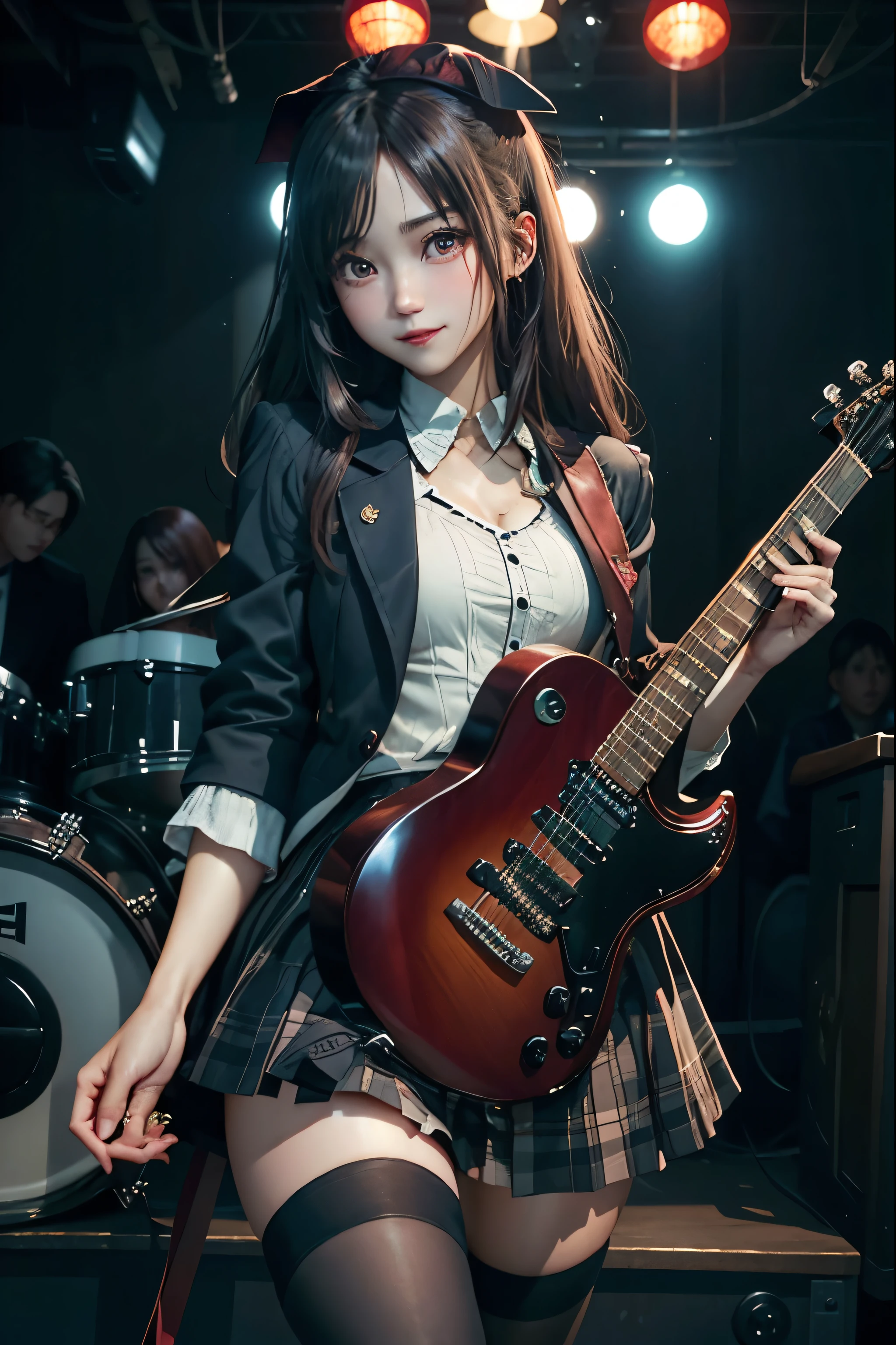 High school girl blazer、uniform、Red checked knee-length skirt、Long skirt、JK Style、Jacket、smile、Knee-high socks、Thigh-high socks、pantyhose、Extremely beautiful、Super cute、ennui、Rare Beauty、Dark black eyeshadow、sad、Skin radiance、Long Hair Straight Hair、Dark Gothic Makeup、Dark Smile、Fragrant beauty、Stained glass background、masterpiece、Highest quality、See 5 books、Sweat glistening on my chest、Sweat glistening on the face、Small breasts、22 years old、Slightly slim、Mysterious look、Sad look、Mysterious Gothic Church、enchanting castle、Excessive sweating all over the body、Sweat dripping down thighs, shining in the light、Shiny thighs、Thighs、Sweat on thighs, shining brightly、sweat profusely、gal、Small breasts、Japanese face、Captivating look、Thin Thighs、play the guitar、I have a guitar、Enthusiastic singing、play the guitar in a band、Playing guitar chords、Background of the live music venue、Sing a song、Open your mouth、Scenery of a live music venue、Mike stand、Glamorous live stage、Dynamic Angles、Vivid straight long hair、delicate straight hair、