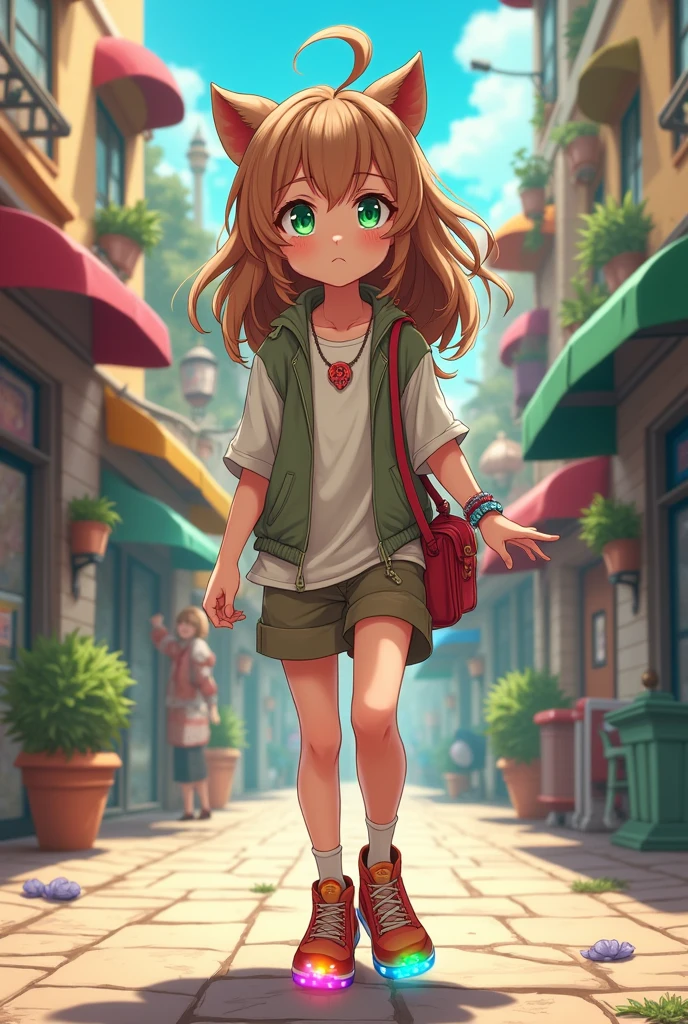 A  of about , with long light brown hair that falls in curls to her waist. She has big green eyes, that shine with curiosity and mischief. Her style is a mix of fashion with strange details, like shoes that emit colorful lights.
anime styling.