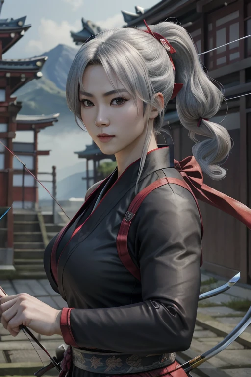 Highest quality,Ultra HD,Best AI Images, Full body photo,(beautiful face like a Japanese actress), ((Silver Hair 1.2)，Very detailed vfx portrait of, Female Ninja, Japanese kunoichi, cgsociety and Zhong Feng Hua, Covert behavior, Female Ninja, ((A scene of fighting with a bow and arrow)),A scene of fighting with a bow and arrow1.3,Portrait of a Japan woman, , Trending on deviantart, ((A short red ninja costume.5))，((sexy kunoichi,Big Breasts)), Japanese spy, 3D Rendering, (Beautiful Face 1.5), Key Visual, Vibrant, (((background 1 of a night mansion in the Sengoku period.5))), Very detailed, growing up,