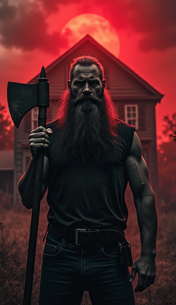 front of the cursed house of amityville, man with a thick beard, holding a large ax with both hands, monochrome, red sky, terror,