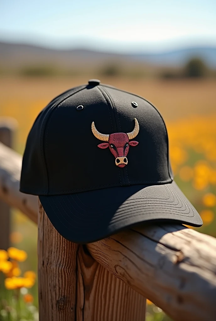 Design me a black cap with an embroidered bull design.