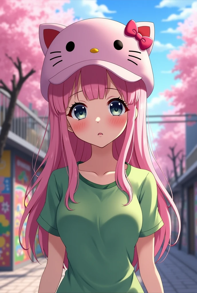 Anime girl with light pink hair, large breasts, wearing a green shirt, slim and beautiful with black eyes, a light pink Hello Kitty hat, cute.