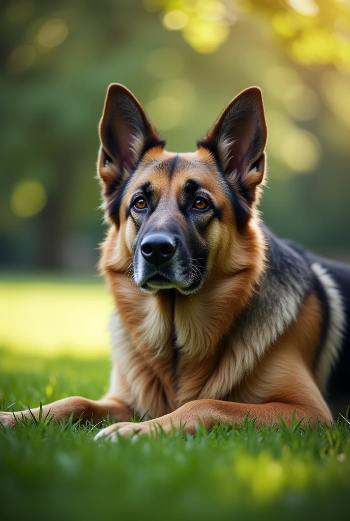 Give me an image of a German Shepherd dog that is old but beautiful, in its last days, lying down and tired.