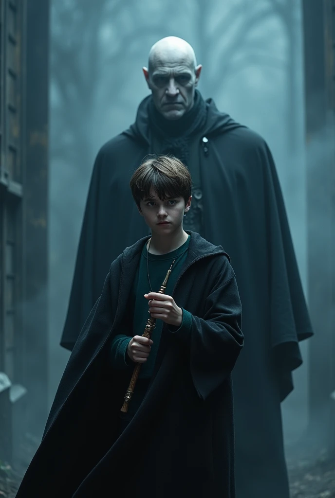 Harry Potter with Lord Voldemort in the same image with cold blue and gray tones closer to the screen, Harry looking slightly to the side, holding his wand near his face and Lord. Voldemort in the background, only his face slightly turned to the side