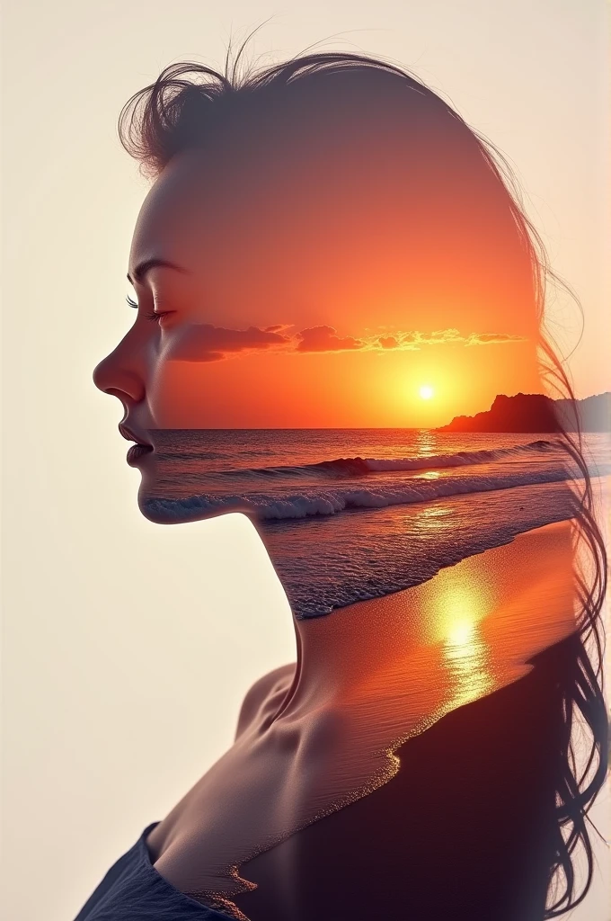 high quality, 8K Ultra HD, A beautiful double exposure that combines an goddess silhouette with sunset coast, sunset coast should serve as the underlying backdrop, with its details incorporated into the goddess , crisp lines, The background is monochrome, sharp focus, double exposure, by yukisakura, awesome full color,