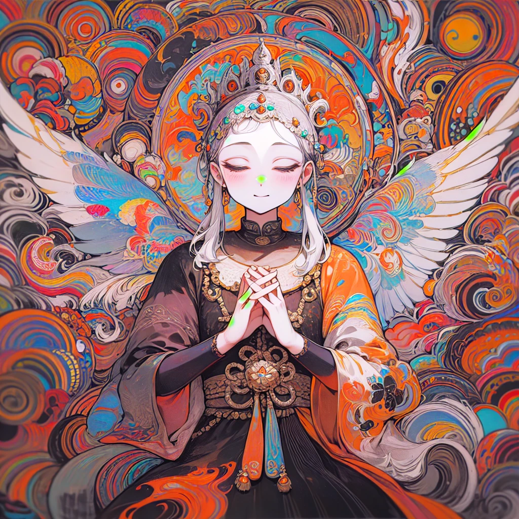 Shakyamuni Buddha、psychedelic 、Paradise、Joining hands in prayer、love、mercy、Halo、Smile、Zazen、hair