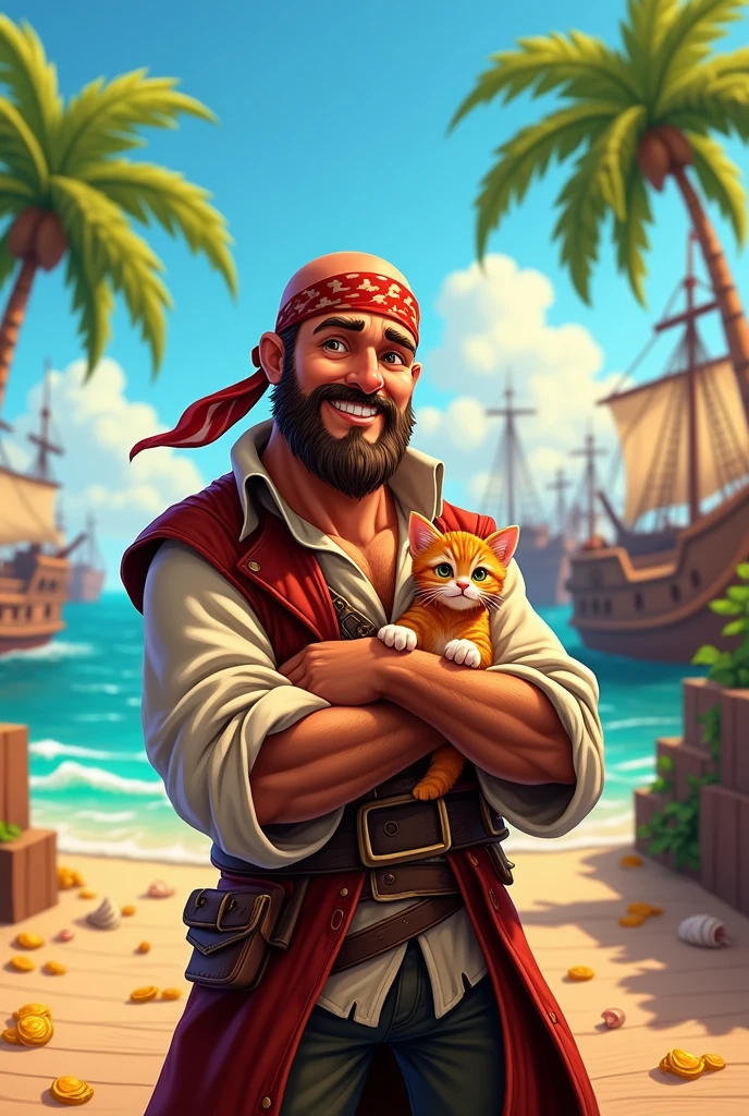 bald pirate with a cute kitten