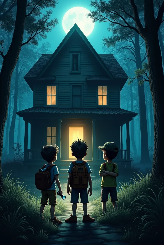make 3 boys in front of an abandoned house in a very dark forest