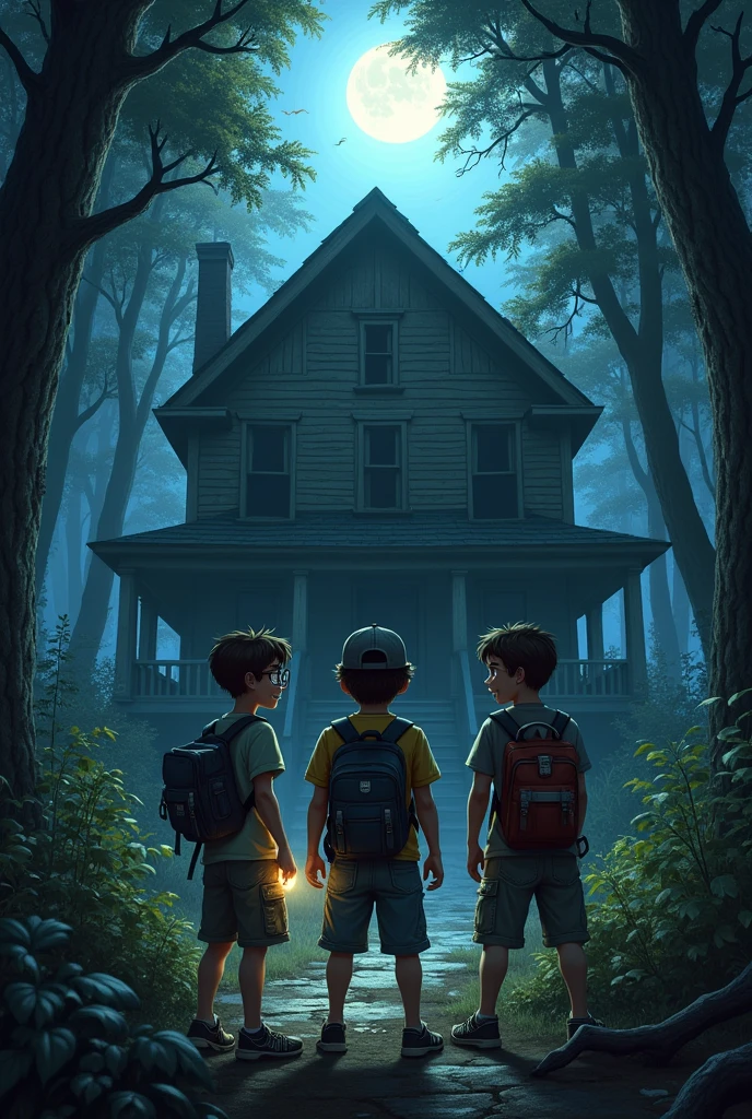 make 3 boys in front of an abandoned house in a very dark forest