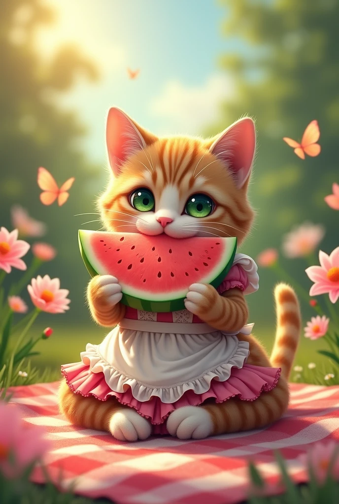 An anthropomorphic cat wearing a maid outfit is eating watermelon.