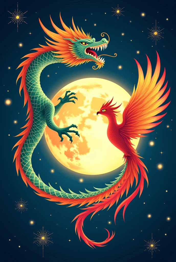 Phoenix and Dragon encircling the moon. Both the dragon and Phoenix is colorful. The dragon's mouth is opened. the dragon has two hands. separate the two. Don't make them chubby, just 2D not 3D.
