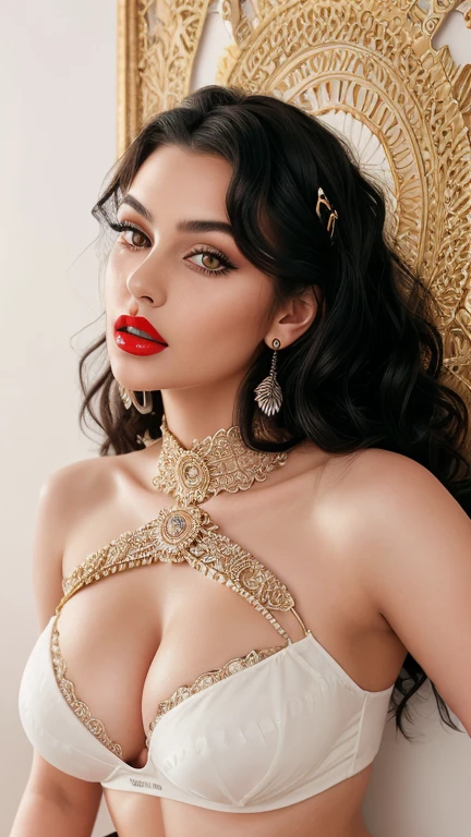 Create an 8k, best quality, Ultra, high regulation image with a zoom on camera, capturing a beautiful woman. The image should be in UHD resolution with sharp focus, and be a masterpiece with a cinematic photoshoot feel. The subject should be a professional, realistic woman showcasing deep cleavage. The chest should be prominently featured, glowing, and part of a big, plus-size, beautiful lips adorned with color. She should have attractive makeup with deep eyeliner, highlighted eyeliner, light eyeshadow, long mascara, and thick lashes. The woman should be gorgeous, with a full-length frame, slim belly, slim stomach, visible navel, thick thighs, high waist, and overall a high figure. She should have smooth, white, spotless skin, black wavy hair styled with intricate design and bright highlights. The photo should be extremely detailed, focusing on her beautiful eyes with clear iris patterns, rings, and spokes, bright sclera, lively eyes, long thick eyelashes, delicate framed eyes, and well-shaped thick eyebrows. Every aspect of her, from her hair to her chest, should be extremely detailed. intricate texture, and a 3D design with a miraculous pattern, making it a modern craft piece. The woman should be standing in a pose, looking at the camera, with extremely detailed eyes, ears, nose, mouth, lips, teeth, neck, shoulder, chest, perfect breast nipples nice clevage seductive poses red lips full body front face nudes