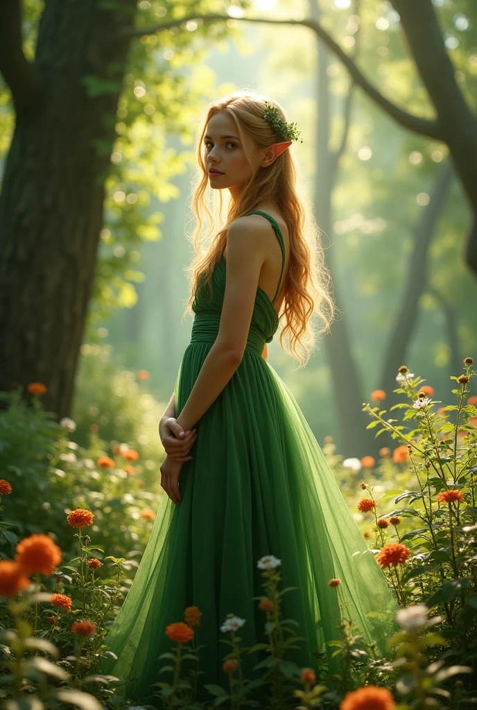Beautiful young elf girl , in forest , gold hair, , no dress, full body, chest open, green dress nude, romantic 