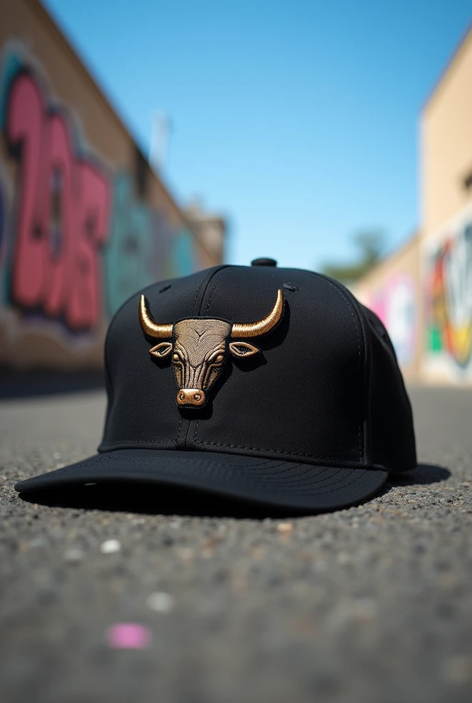 Design me a black cap with an embroidered bull design.