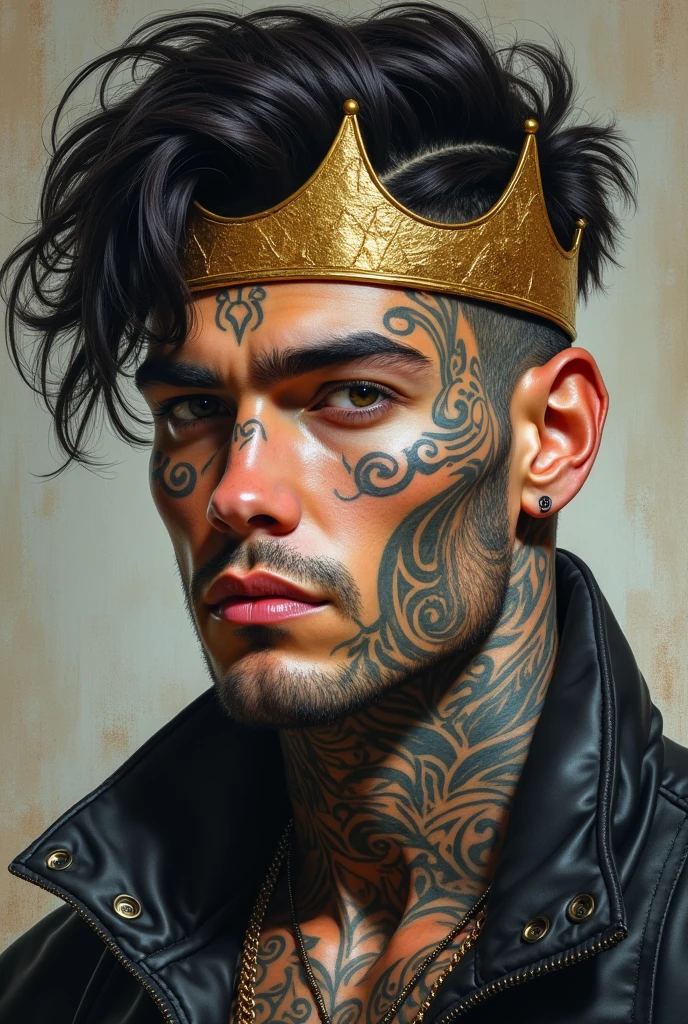 Image of a man's face, 25 years old, white with tattoos and a gold crown on the side, realistic drawing