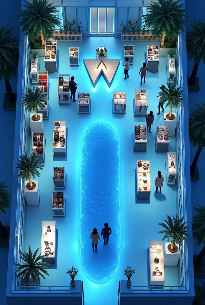 Top view of a 2D floor plan of a shopping mall clothing store, This store is large and inspired by the sea, it has a W letter in front of the store and several blue lights. Just give me the top view, making the view of the complete floor plan as clear as possible, from the highest possible angle, making visible all the elements that make up this store. pull those tables out of the middle and replace them with CLOTHES, CLOTHES HANGERS, LEAVE THIS PLANT LOW WITH A LOW PLANT FACE. REMOVE THESE TREES AND INCREASE THE SIZE OF THE STORE TO FLOORS, MAKE THE ENTIRE STORE VISIBLE IN A FLOOR PLAN FORMAT, NOW GRANT ME THE SAME THING BUT FURTHER AWAY