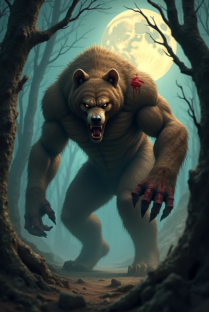 Werewolf, Digital, (Check shirt:1.3), (Torn Shirt, Torn Pants:1.2)
, On all fours, Claws scratching the ground, Show off your teeth
, Moonlight Forest, full moon ,great physique,Strong arms, manly, bulky
, mens G-String, Wheat skin
, (black big dick:1.1)