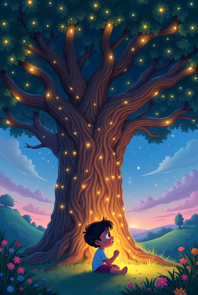 In the cartoon, a majestic tree that glowed with golden lights and a child listening to it.
