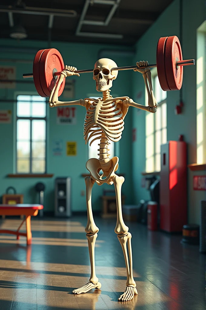 Skeleton working out at the gym. The muscles should be very noticeable and it should have a barbell for exercise