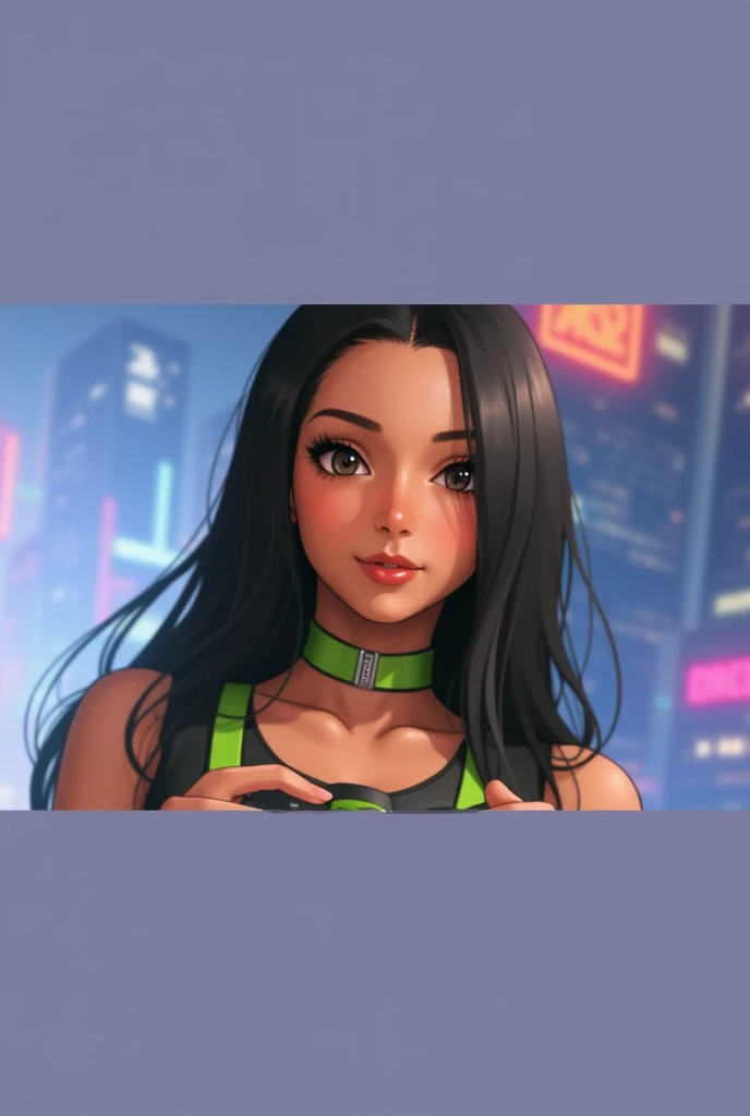 Maximum image quality, outstanding details, ultra high resolution, (Realism: 1.4), the best illustration, favor details, 1 very condensed girl, with a delicate and beautiful face, dressed in a black and green wick, wearing a mecha helmet, with black hair and a mole next to her mouth, holding a directional controller, ride a motorcycle, the background is a high-tech lighting scene of the city of the future. full body image.
