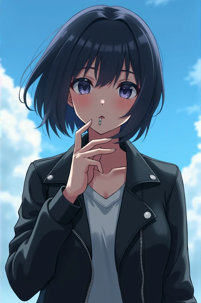 anime adult woman with short black hair wearing a leather jacket and smoking a cigarette with a blue sky as a background