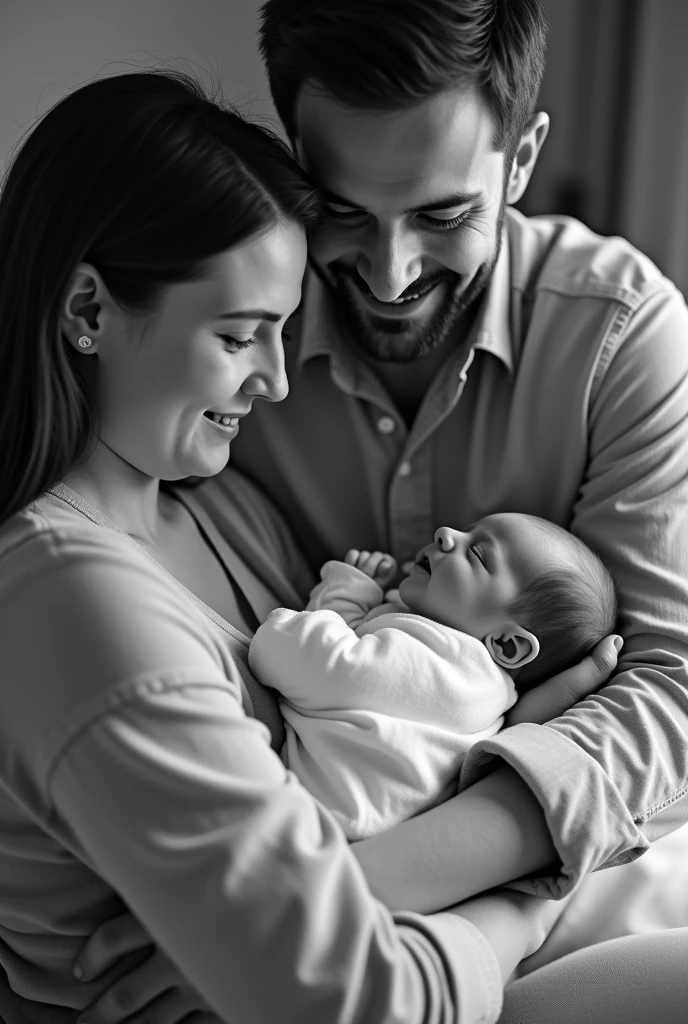 A mother and father holding a baby make simple and make it color blacka nd white