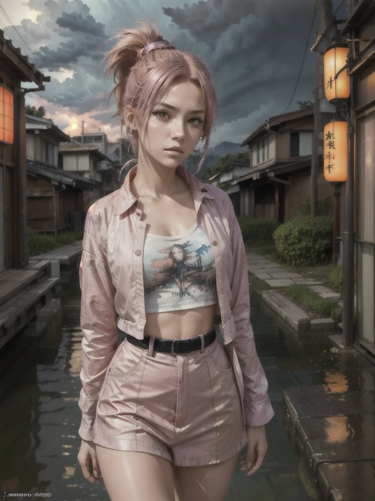 (masterpiece), anime, (photo_(medium):1.0), by Antonio J. Manzanedo, by Jeremy Lipking, 1girl, lightning, in a surreal landscape, painting style with watercolor, brushstrokes, unbuttoned, orange eyes, ponytail, pink hair, cyberpunk, japanese clothes