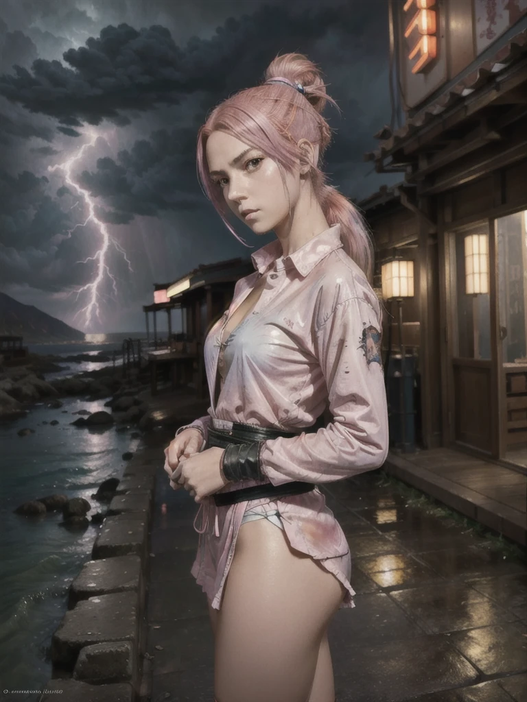 (masterpiece), anime, (photo_(medium):1.0), by Antonio J. Manzanedo, by Jeremy Lipking, 1girl, lightning, in a surreal landscape, painting style with watercolor, brushstrokes, unbuttoned, orange eyes, ponytail, pink hair, cyberpunk, japanese clothes