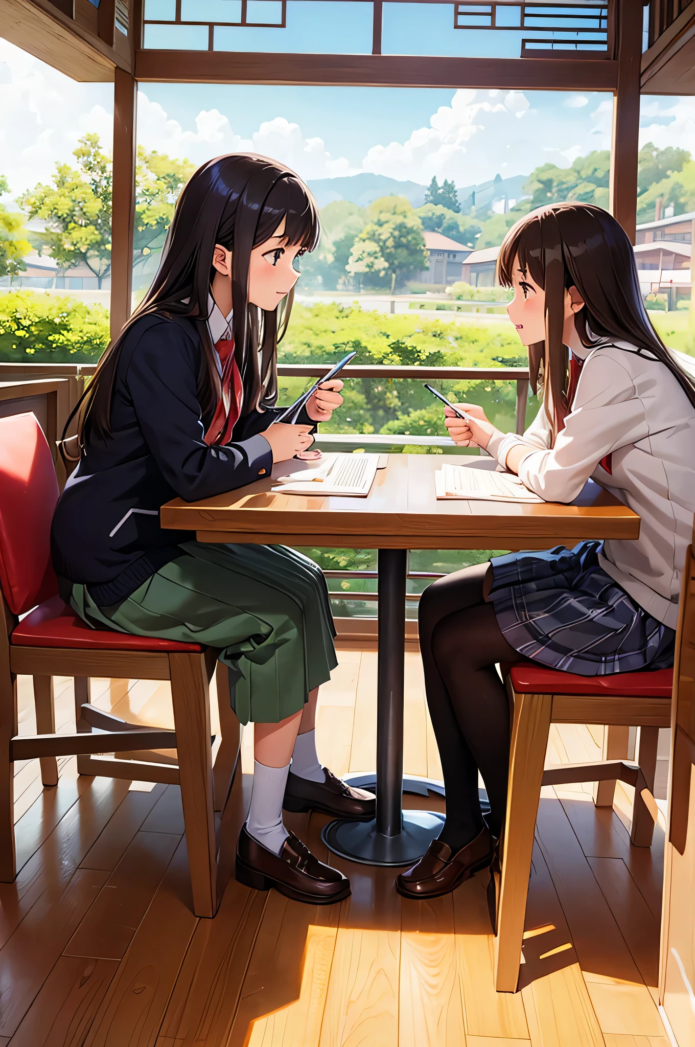 An illustration of high school girls studying in a Ghibli-style cafe