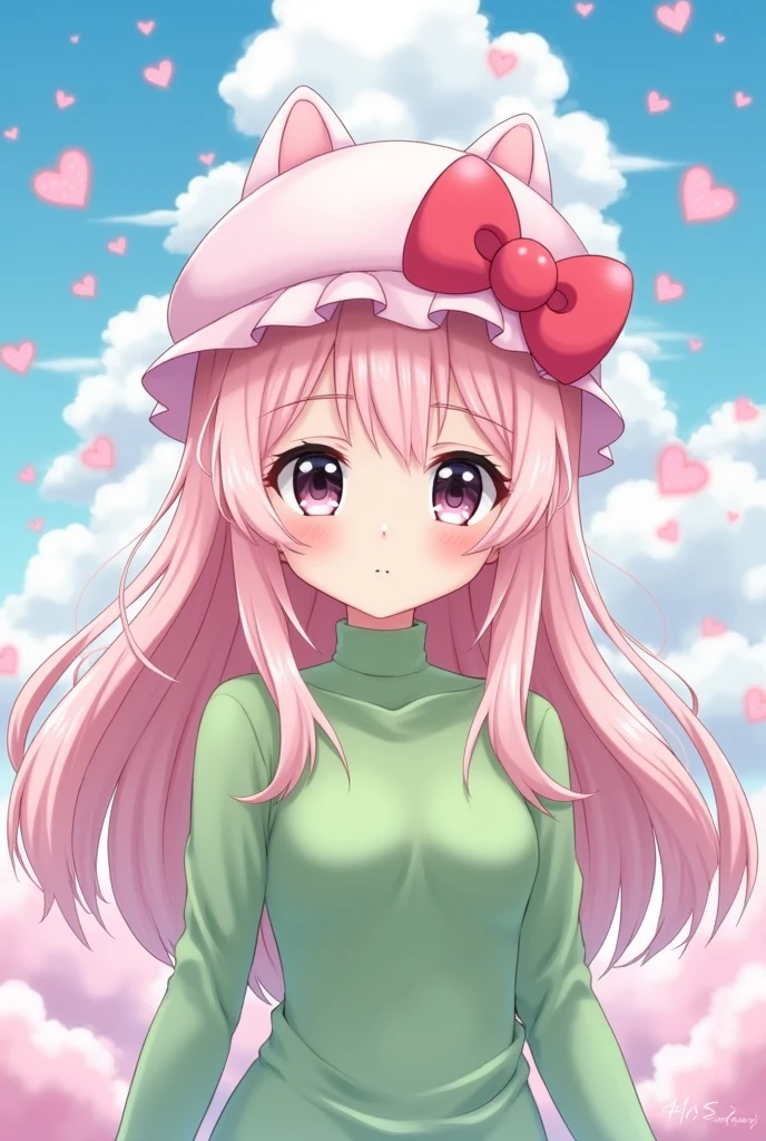 Anime girl with light pink hair, large breasts, wearing a green shirt, slim and beautiful with black eyes, a light pink Hello Kitty hat, cute.