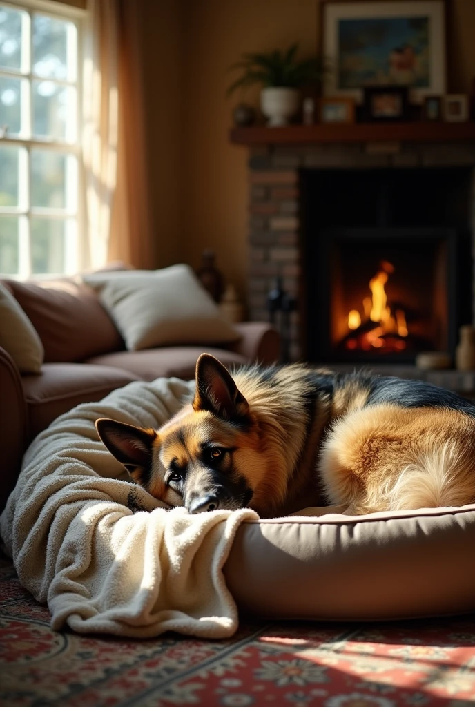 Give me a picture of an old but beautiful German Shepherd dog, in its final days, lying down and tired, sleeping in the living room of a house.