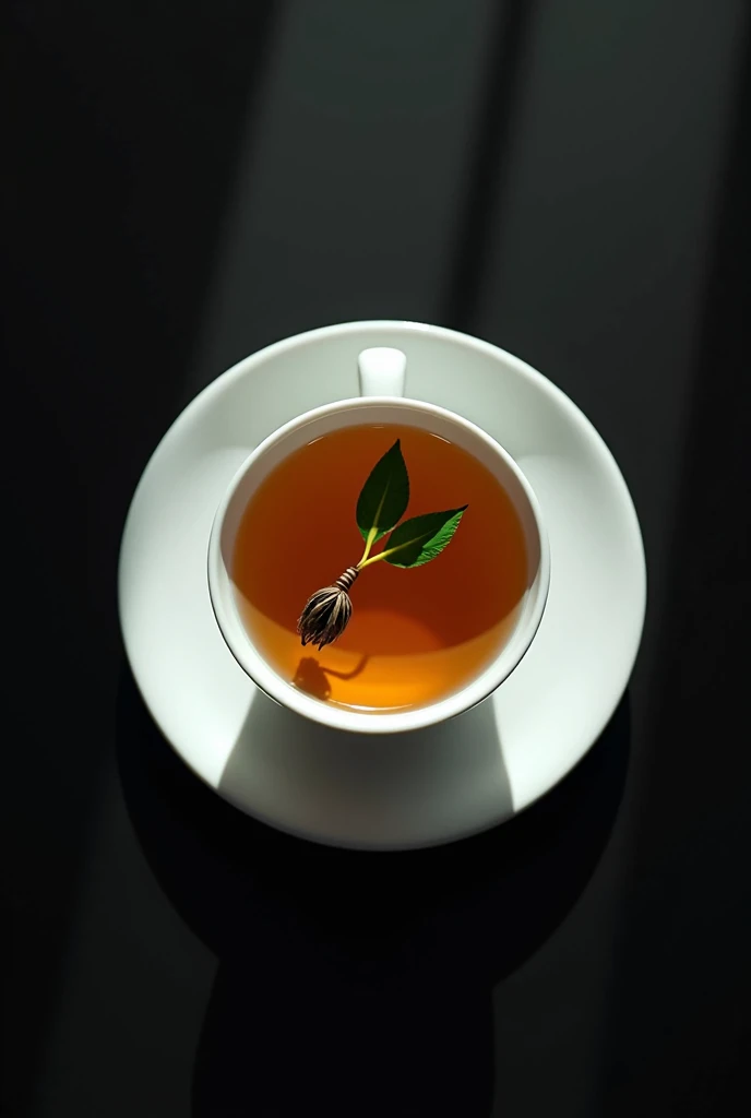 The camera looks down from directly above, focusing on a white porcelain teacup containing a single bud and two leaves of Chinese mountain tea.,((Right beneath the surface, You can see a single bud and two leaves of Chinese high mountain dry tea, which has been dried and then moistened, floating in the water.)),simple,Movie Lighting,专业photography,Studio Lighting,Black desktop background,photography,Intricate details,Ultra Detail,Hyper-photorealism,8K Ultra HD top view,Top view, bird's eye view