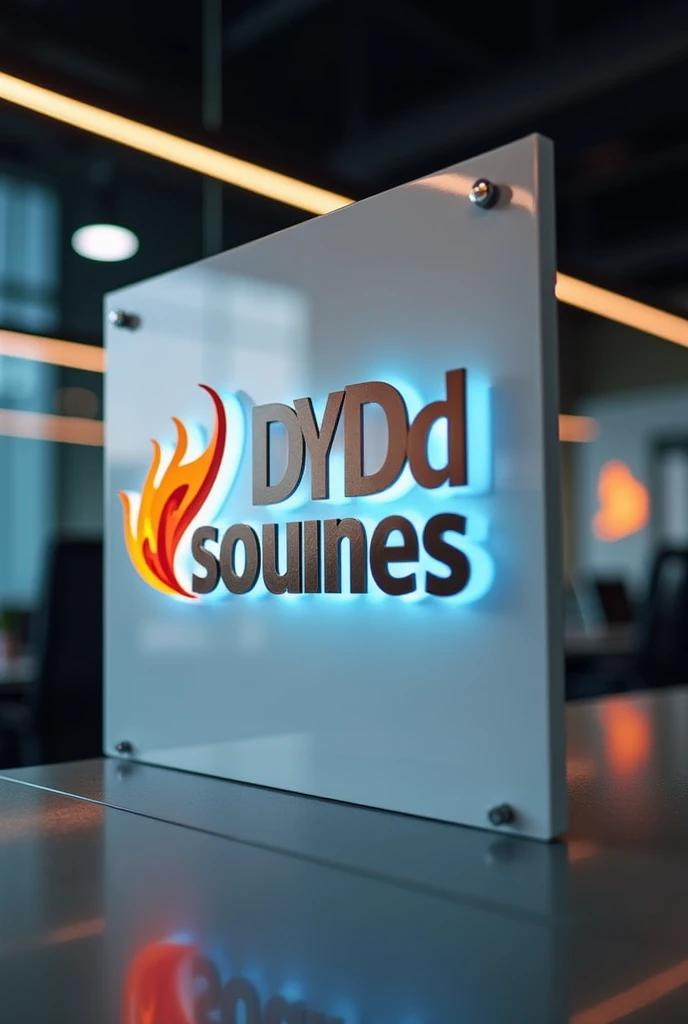Impressive and well-presented business notice with a sign that says Servisoluciones DYD, featuring logos of fire and electro-light. 