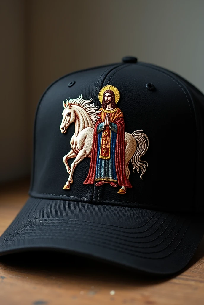 Make me a design for a black cap with an embroidered design of a horse and Saint Jude Thaddeus