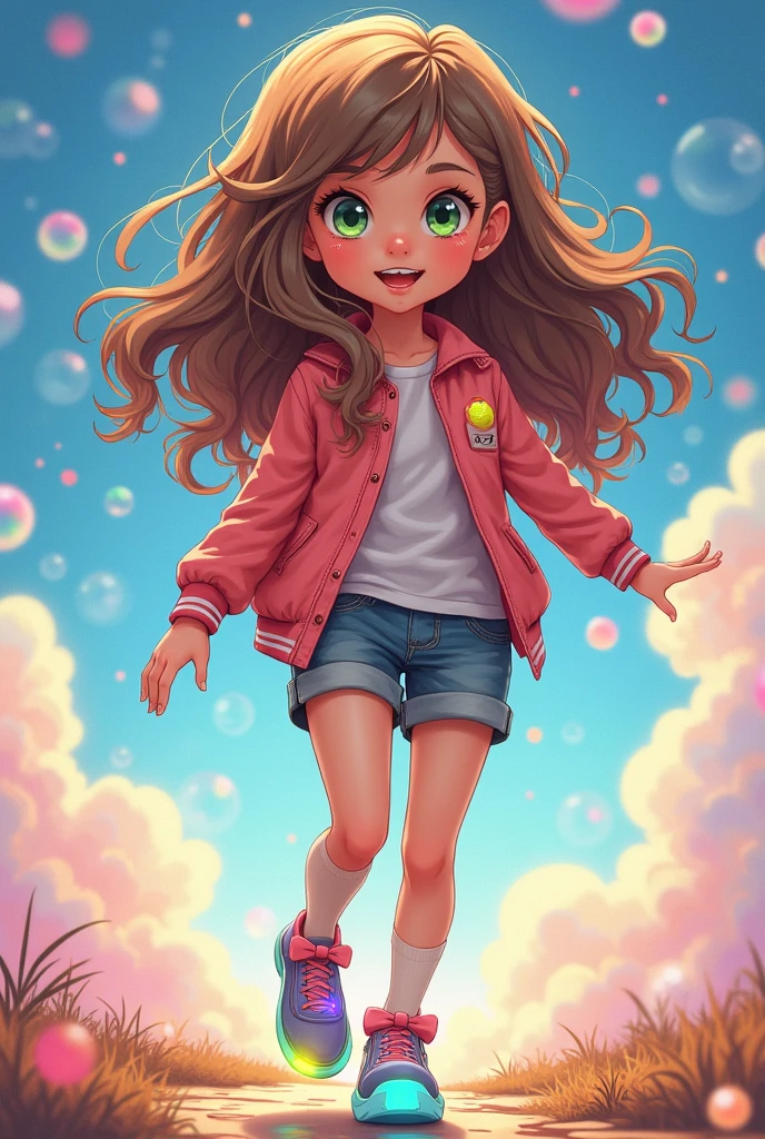 A of about , with long light brown hair that falls in curls to her waist. She has big green eyes, that shine with curiosity and mischief. Her style is a mix of fashion with strange details, like shoes that emit colorful lights.
anime styling.