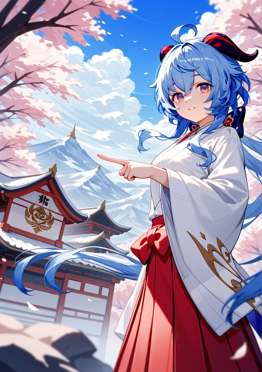 Highest quality, Highest quality, High quality illustrations, masterpiece, Ultra-high resolution, Detailed Background, ganyu \(genshin impact\), Purple eyes, long hair, light blue hair that ends in shades of darker blue, long ponytail, Brownish horns with red engravings, turn backwards, alternate costume, miko, fox mask, mask on, Japanese clothes, kimono, white kosode, white kimono, red hakama skirt, sleeves past wrists, in a big mountains with trees, blue sky with clouds, masterpiece, Very aesthetic, best quality, white background, pointing at viewer, Dynamic Angle