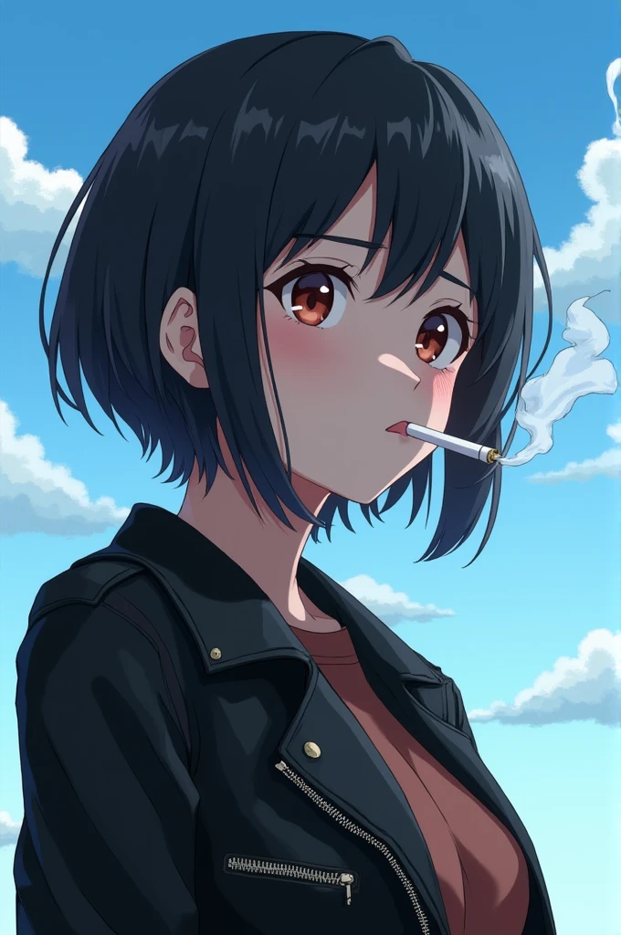 anime adult woman with short black hair wearing a leather jacket and smoking a cigarette with a blue sky as a background