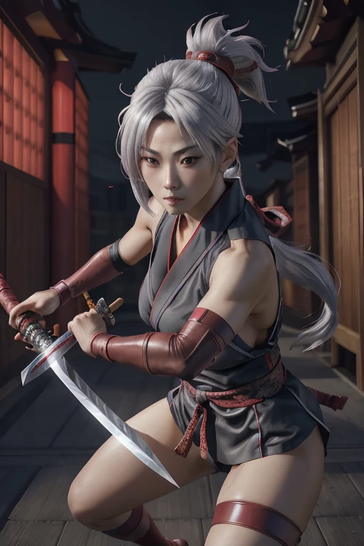Highest quality,Ultra HD,Best AI Images, Full body photo,(beautiful face like a Japanese actress), ((Silver Hair 1.2)，Very detailed vfx portrait of, Female Ninja, Japanese kunoichi, cgsociety and Zhong Feng Hua, Covert behavior, Female Ninja, ((A scene of fighting with a bow and arrow)),A scene of fighting with a bow and arrow1.3,Portrait of a Japan woman, , Trending on deviantart, ((A short red ninja costume.5))，((sexy kunoichi,Big Breasts)), Japanese spy, 3D Rendering, (Beautiful Face 1.5), Key Visual, Vibrant, (((background 1 of a night mansion in the Sengoku period.5))), Very detailed, growing up,