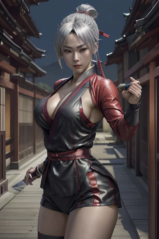 Highest quality,Ultra HD,Best AI Images, Full body photo,(beautiful face like a Japanese actress), ((Silver Hair 1.2),Very detailed vfx portrait of, Female Ninja, Japanese kunoichi, cgsociety and Zhong Feng Hua, Covert behavior, Female Ninja, ((Scene of fighting with a short sword)),Scene of fighting with a short sword1.3,Portrait of a Japan woman, , Trending on deviantart, ((A short red ninja costume.5)),((sexy kunoichi,Big Breasts)), Japanese spy, 3D Rendering, (Beautiful Face 1.5), Key Visual, Vibrant, (((background 1 of a night mansion in the Sengoku period.5))), Very detailed, growing up,