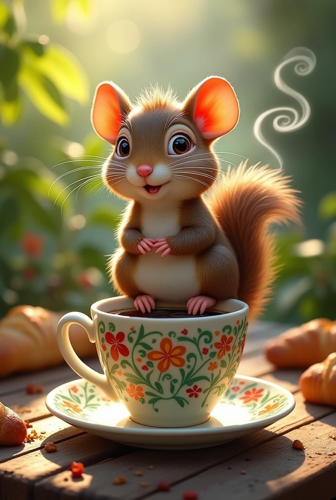 Squirrel-faced rat on top of a coffee cup
