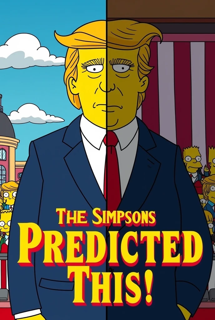 Create a split image showing Donald Trump in 'The Simpsons' and in real life. Add the text 'The Simpsons Predicted This!' in large, eye-catching font in the center of the screen.